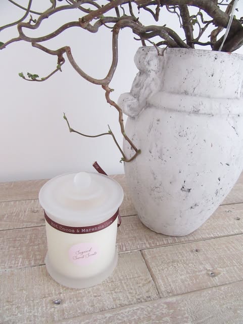 A frosted Hot Cocoa & Marshmallow jar candle beside a stone vase